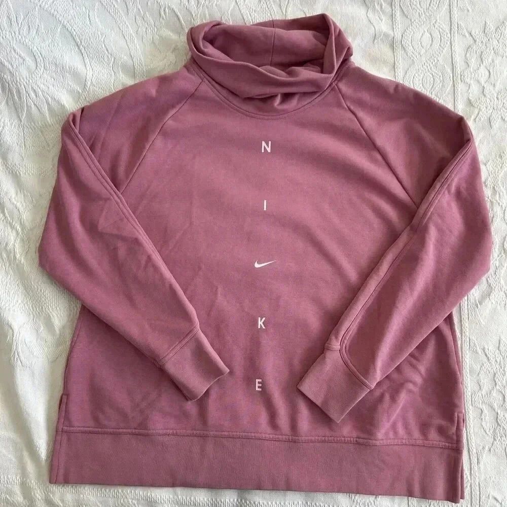 Nike Pink Funnel Neck Turtleneck Tunic Sweatshirt Pockets Logo Athleisure Size L - Picture 12 of 14